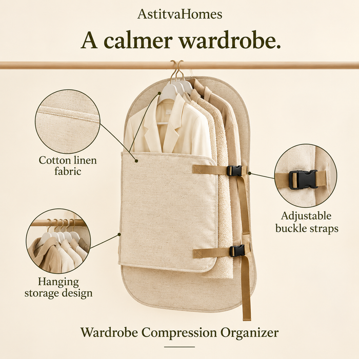 Dustproof Cotton Linen Hanging Wardrobe Compression Organizer – Off-White, view 3