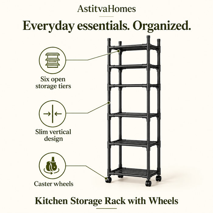 Multi-Layer Kitchen Storage Trolley Rack with Wheels – Black Iron, 170 cm, view 3