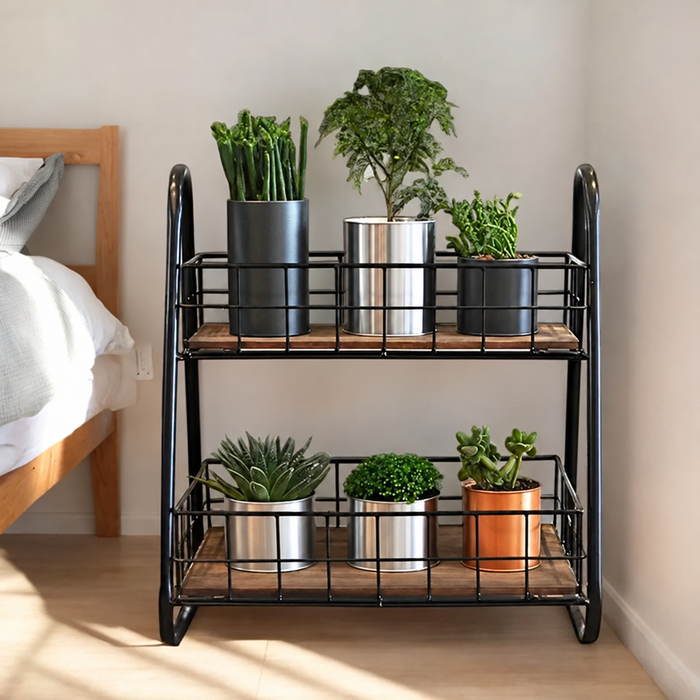 Countertop Kitchen Rack – Black Metal Frame with Brown Wooden Shelves, view 3