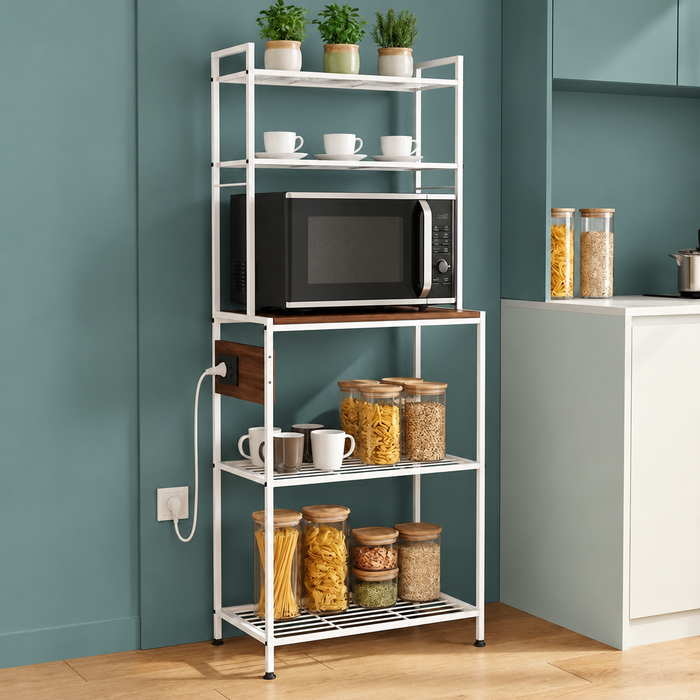 5-Tier Freestanding Kitchen Rack with Built-In Power Board – White Wood & Metal, view 4