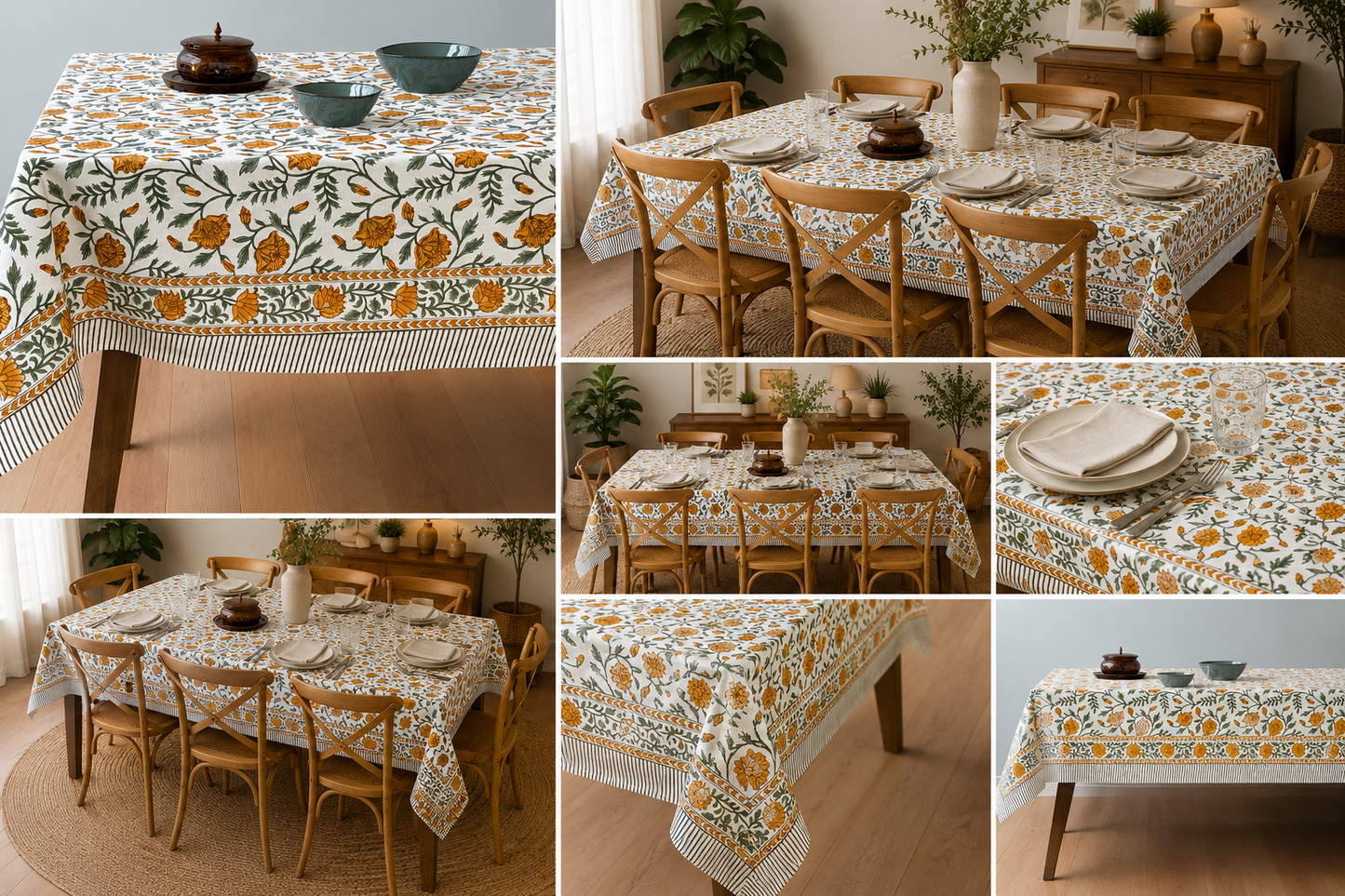 Summer Flowers Block Printed Rectangle Table Cloth – 6 Seater