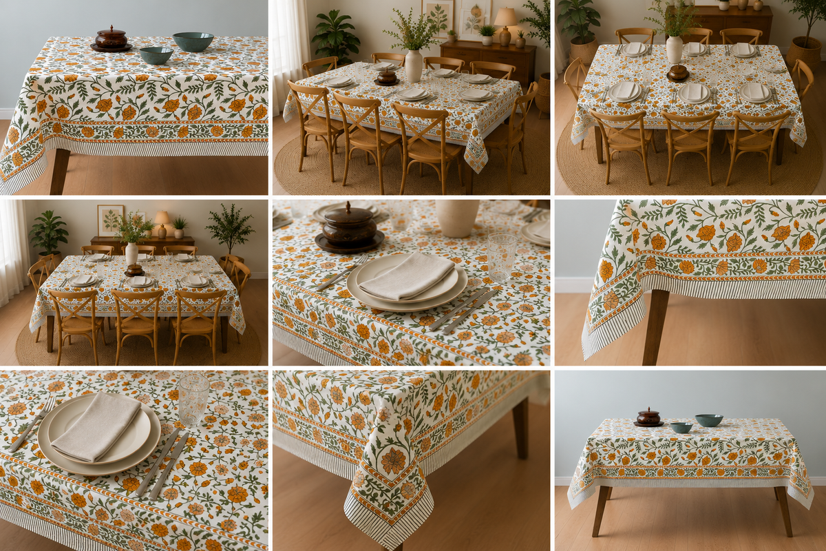 Summer Flowers Block Printed Rectangle Table Cloth – 6 Seater