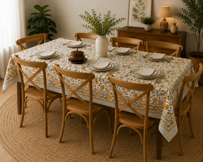 White tablecloth with an orange and green floral print, teal and orange striped border, styled on a dining table