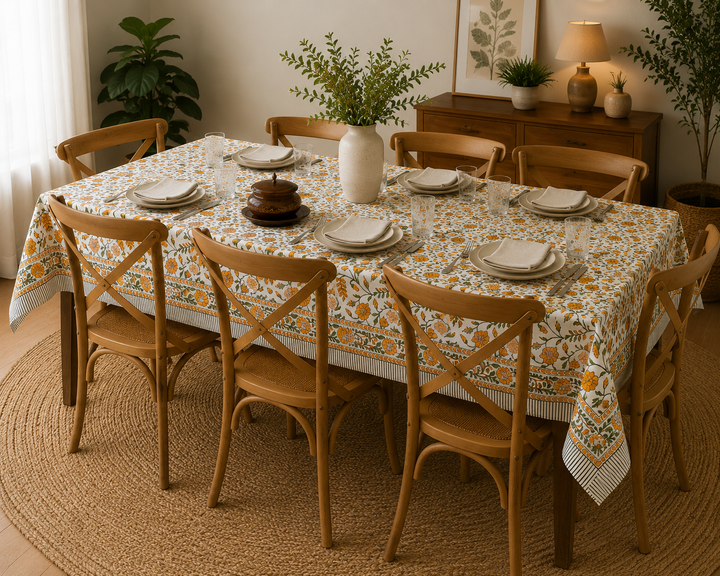 Summer Flowers Block Printed Rectangle Table Cloth – 6 Seater