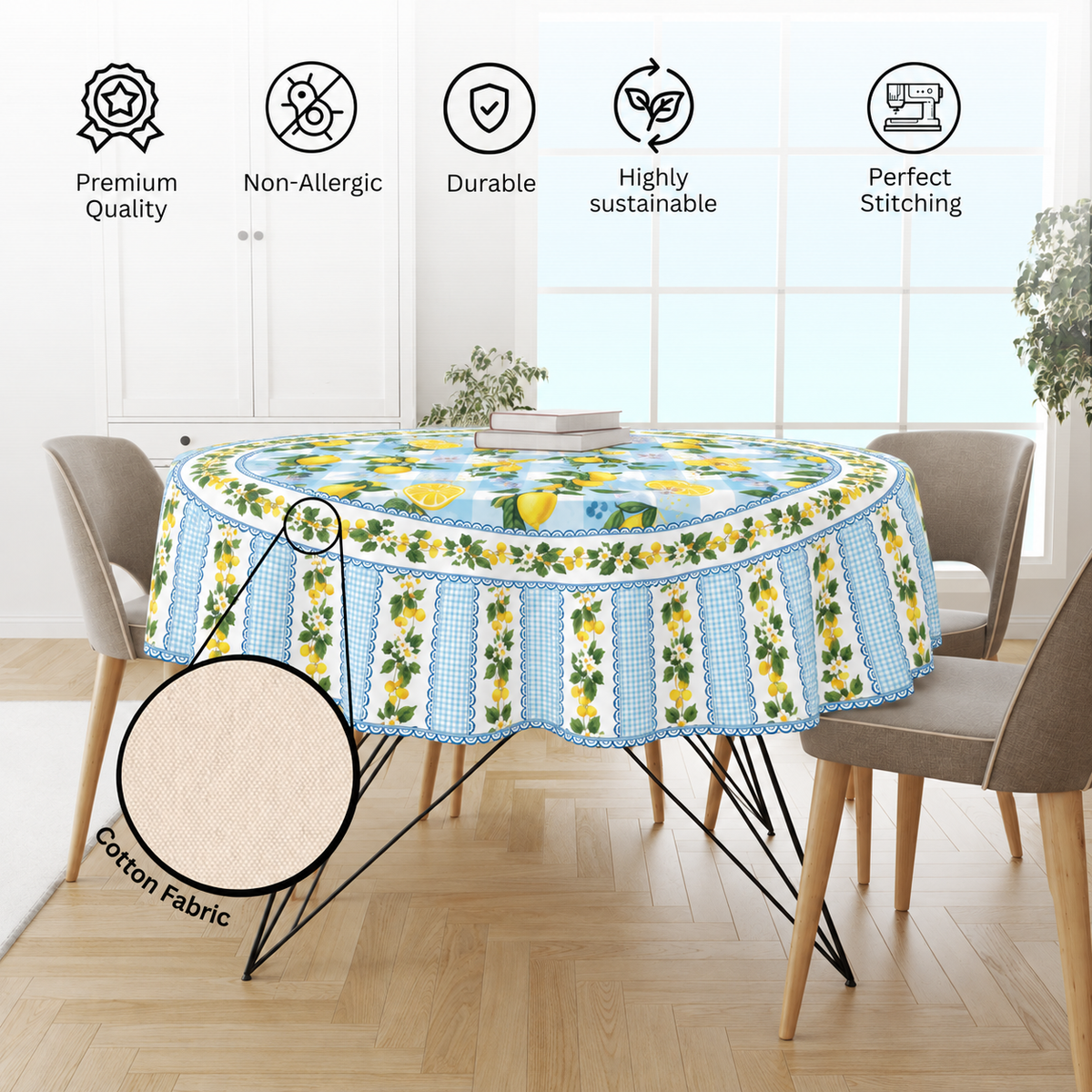 Lemon Blossom Tablecloth for 6 Seater Dining Table | Cotton