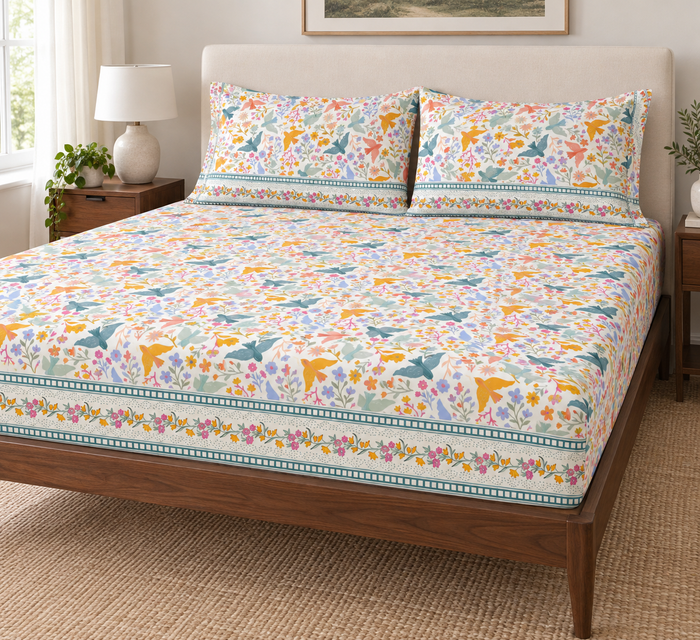 Songbird Spring Meadow Bird Print Cotton Double Bedsheet with 2 Pillow Covers