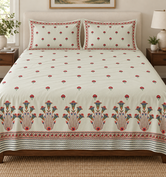Shahi Gulnar Buti Mughal Print Cotton Double Bedsheet with 2 Pillow Covers