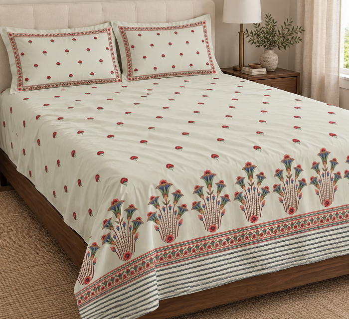 Shahi Gulnar Buti Mughal Print Cotton Double Bedsheet with 2 Pillow Covers