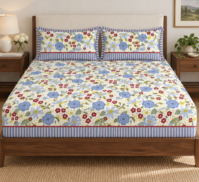 Cornflower Picnic Bloom Blue Floral Cotton Double Bedsheet with 2 Pillow Covers