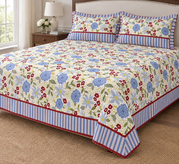 Cornflower Picnic Bloom Blue Floral Cotton Double Bedsheet with 2 Pillow Covers