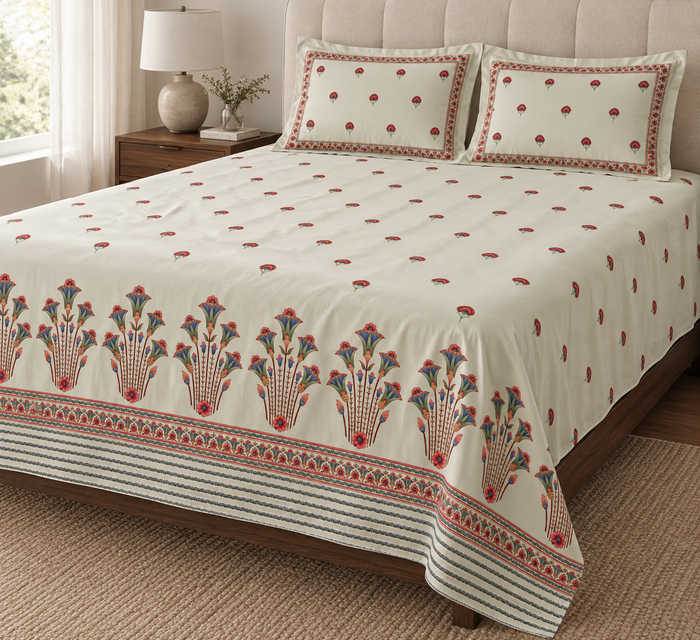 Shahi Gulnar Buti Mughal Print Cotton Double Bedsheet with 2 Pillow Covers