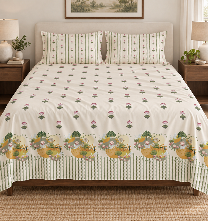 Pichwai Kamal Sarovar Lotus Print Cotton Double Bedsheet with 2 Pillow Covers