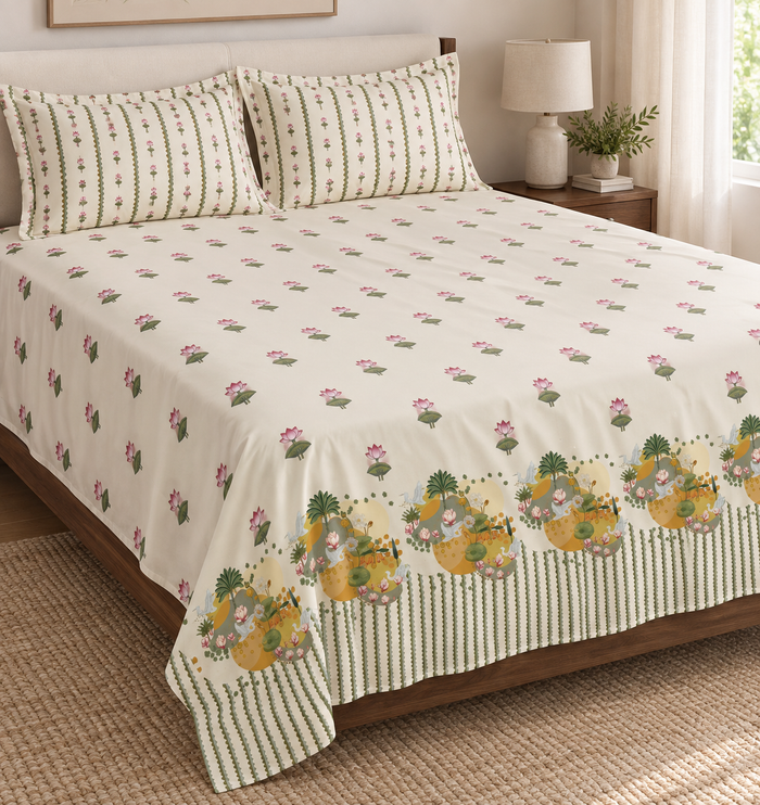 Pichwai Kamal Sarovar Lotus Print Cotton Double Bedsheet with 2 Pillow Covers
