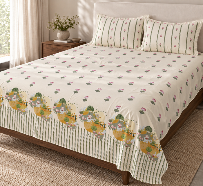 Pichwai Kamal Sarovar Lotus Print Cotton Double Bedsheet with 2 Pillow Covers