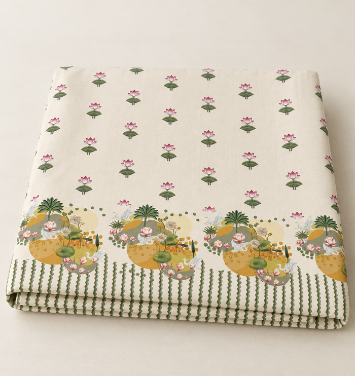 Pichwai Kamal Sarovar Lotus Print Cotton Double Bedsheet with 2 Pillow Covers