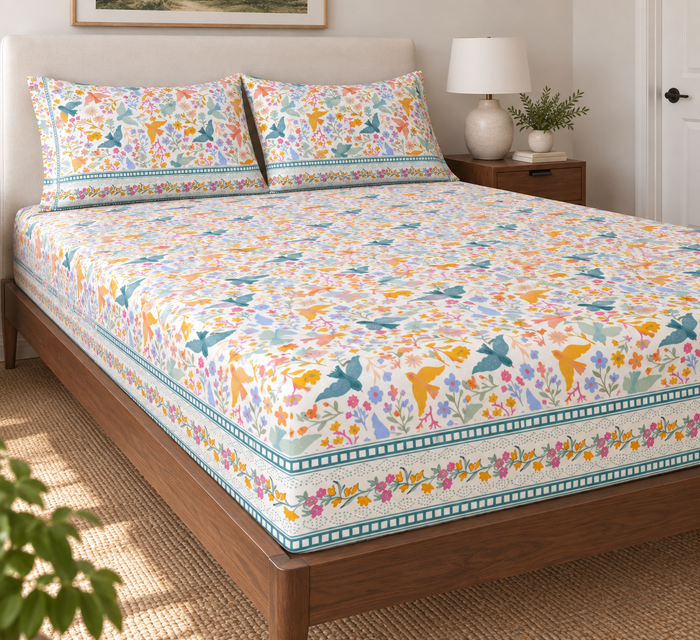 Songbird Spring Meadow Bird Print Cotton Double Bedsheet with 2 Pillow Covers