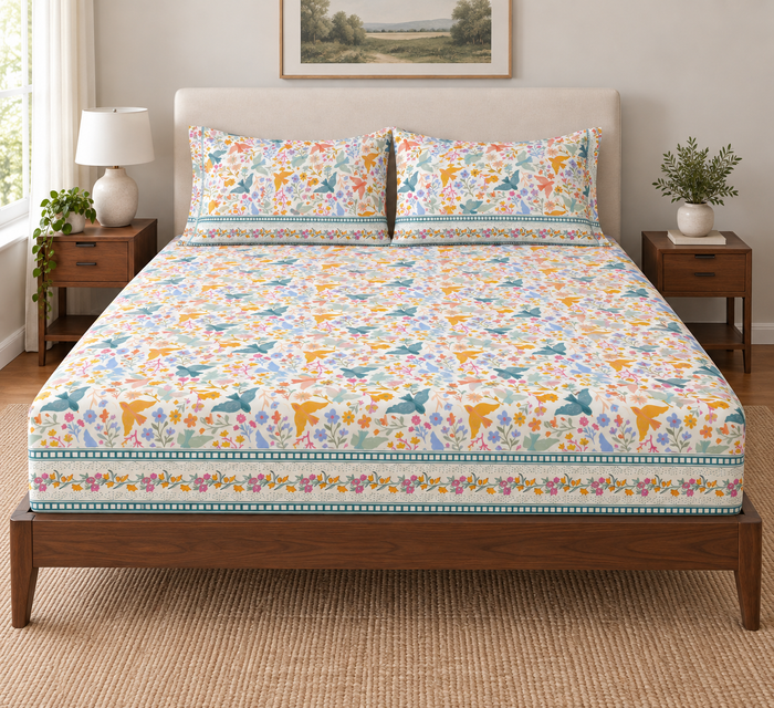 Songbird Spring Meadow Bird Print Cotton Double Bedsheet with 2 Pillow Covers