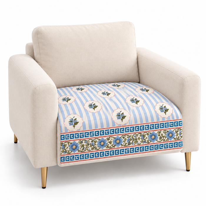 Blue Stripe Floral Border Printed Quilted Sofa Mat – 1 Seater, 2 Seater, 3 Seater