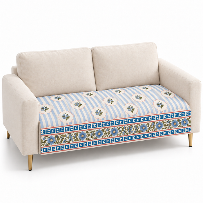 Blue Stripe Floral Border Printed Quilted Sofa Mat – 1 Seater, 2 Seater, 3 Seater