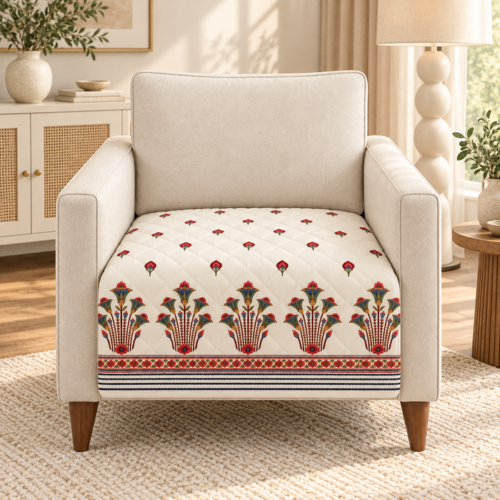 Red Bouquet Buti Border Printed Quilted Sofa Mat – 1 Seater, 2 Seater, 3 Seater