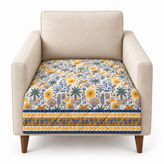 Mustard Blue Tropical Palm Printed Quilted Sofa Mat – 1 Seater, 2 Seater, 3 Seater
