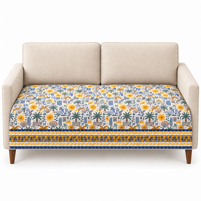 Mustard Blue Tropical Palm Printed Quilted Sofa Mat – 1 Seater, 2 Seater, 3 Seater