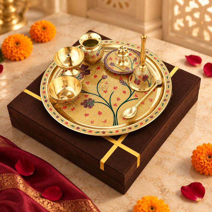 Brass Pooja Thali Set of 8 – Hand Painted, Antique Gold Finish with Gift Box