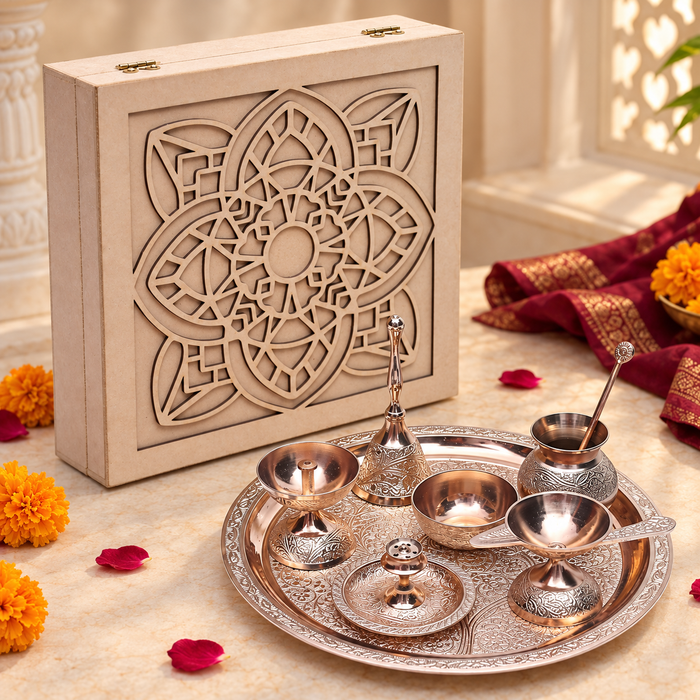 Brass Pooja Thali Set – Rose Gold Finish with Royal Wooden Gift Box
