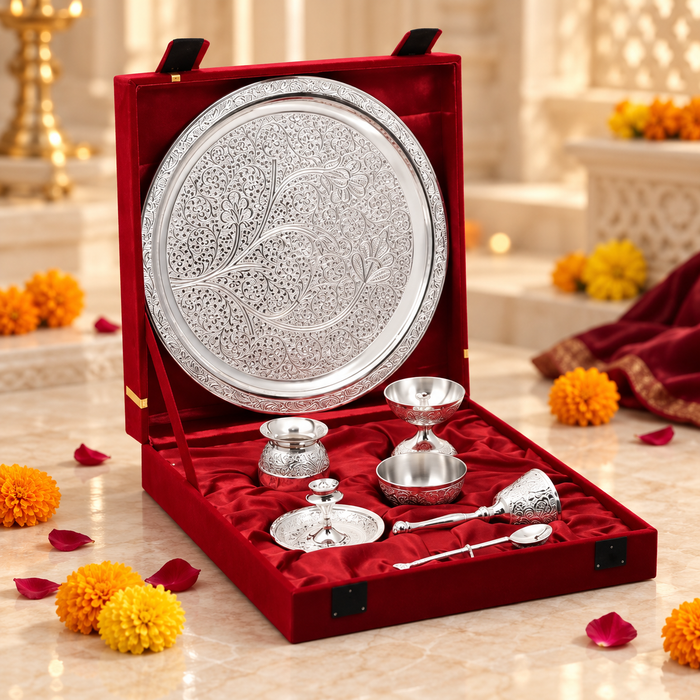 Brass Pooja Thali Set, Silver Plated, 7 Pcs with Gift Box