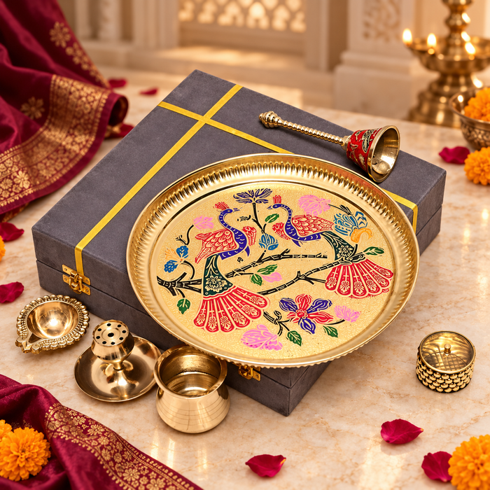 Brass Pooja Thali Set of 6 – Peacock Hand Painted Design with Gift Box