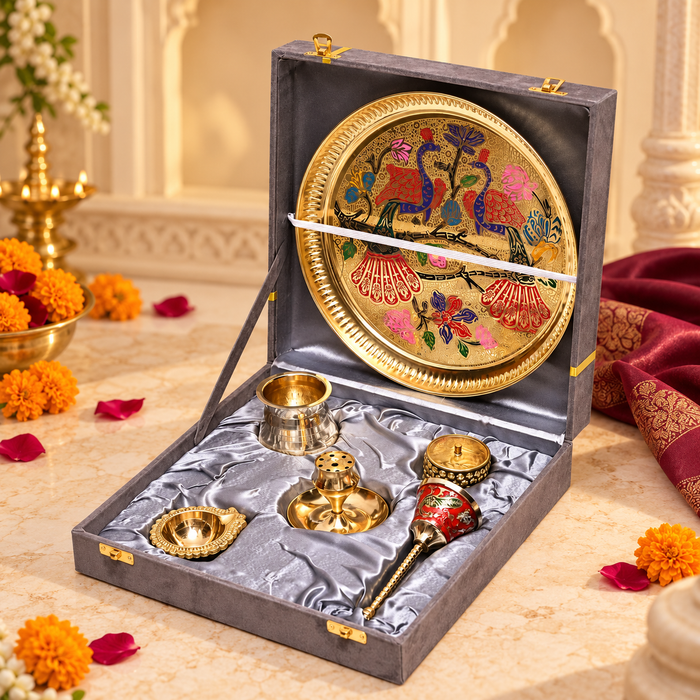 Brass Pooja Thali Set of 6 – Peacock Hand Painted Design with Gift Box