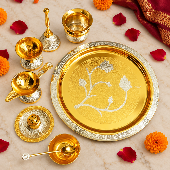 Brass Pooja Thali Set of 8 – Gold Finish with Maroon Velvet Gift Box