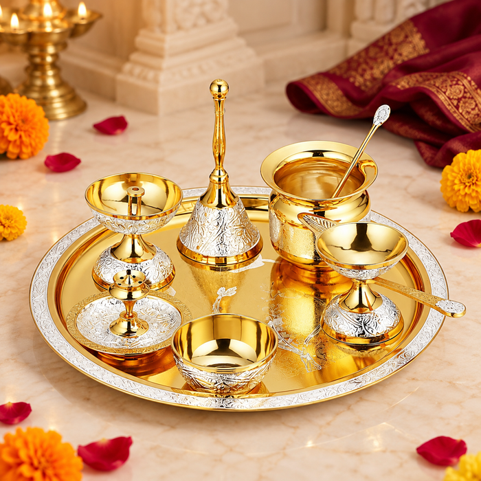 Brass Pooja Thali Set of 8 – Gold Finish with Maroon Velvet Gift Box