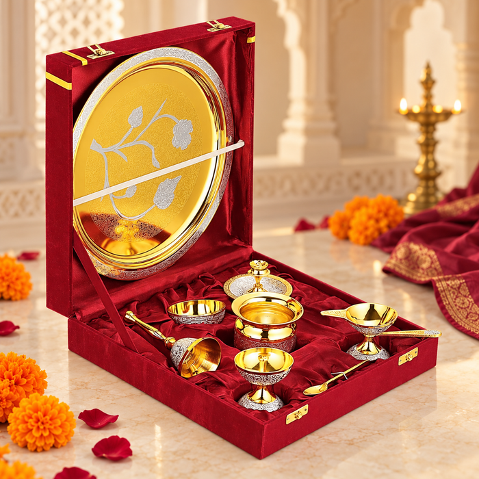 Brass Pooja Thali Set of 8 – Gold Finish with Maroon Velvet Gift Box
