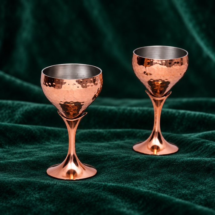 Hammered Copper Goblet Glass Set of 2 – Stainless Steel Interior, Shatterproof