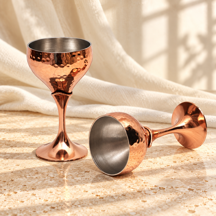 Hammered Copper Goblet Glass Set of 2 – Stainless Steel Interior, Shatterproof