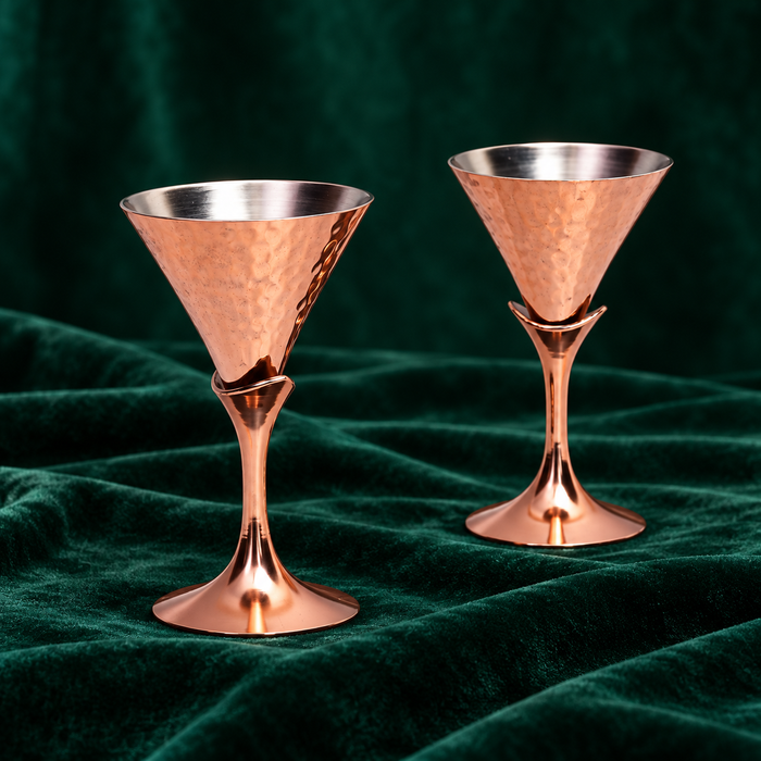 Hammered Copper Cocktail Glass Set of 2 with Black Coasters – Conical Stemmed Design