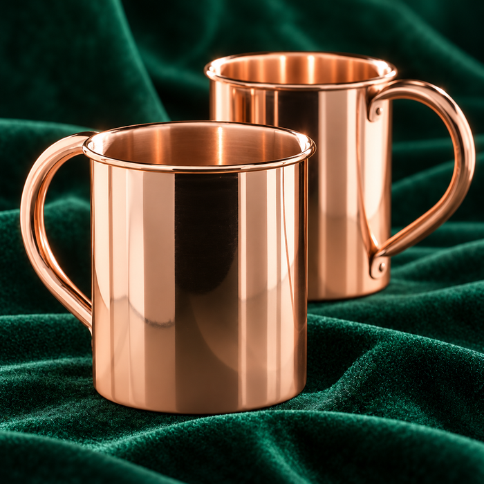 Pure Copper Mug Set of 2 – 400 ml (14 oz) with Copper Handle, Glossy Finish