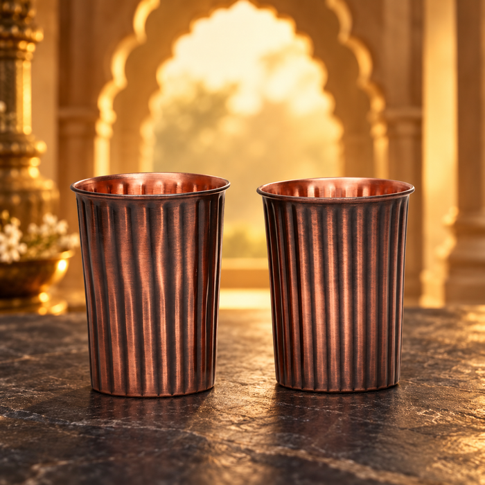 Pure Copper Water Glass Set of 2 – Antique Rope Design Tumbler, 300 ml