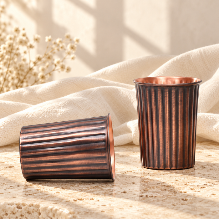 Pure Copper Water Glass Set of 2 – Antique Rope Design Tumbler, 300 ml