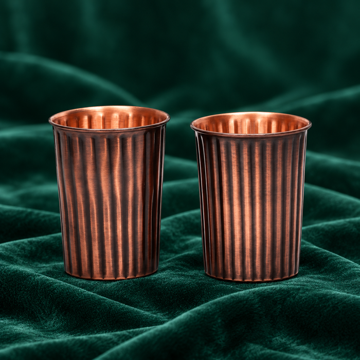 Pure Copper Water Glass Set of 2 – Antique Rope Design Tumbler, 300 ml