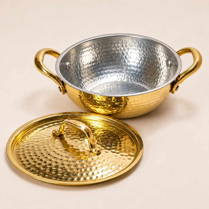 Brass Hammered Kadhai with Lid & Handle