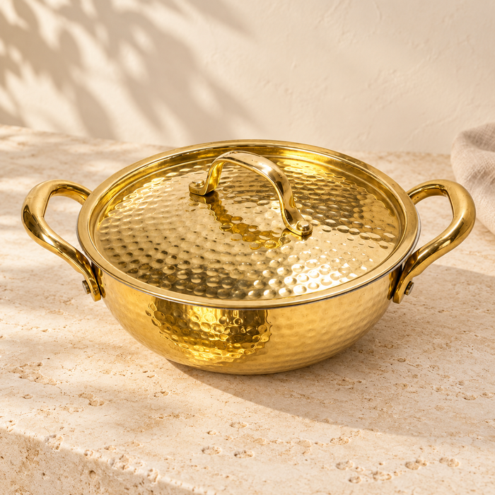 Brass Hammered Kadhai with Lid & Handle
