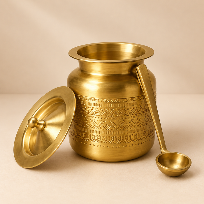 Brass Engraved Ghee Pot with Lid & Spoon