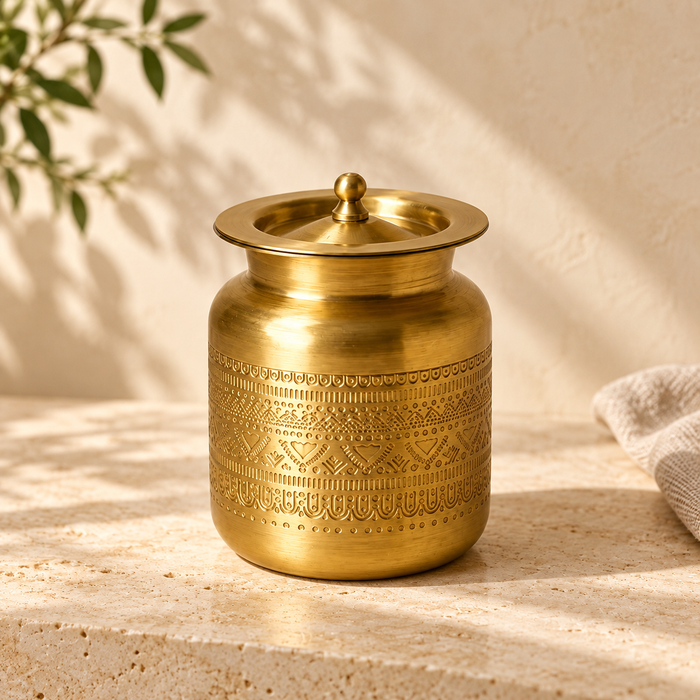 Brass Engraved Ghee Pot with Lid & Spoon