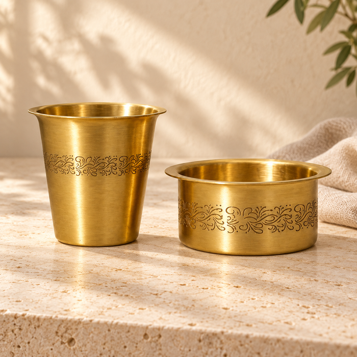 Brass Floral Engraved Dabra Set with Tumbler & Bowl