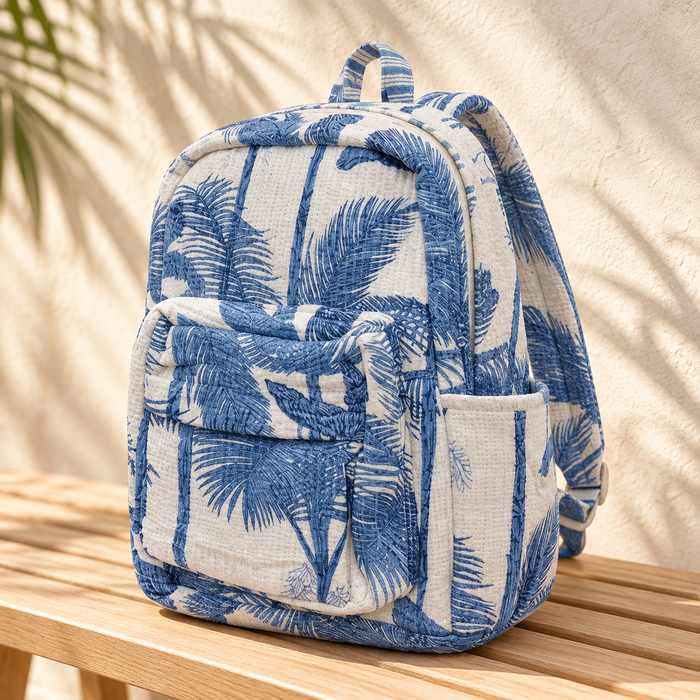Blue Palm Print Kinder Multipurpose Kids Backpack – Quilted Cotton