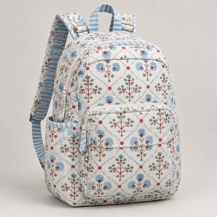 Blue Floral Print Kinder Multipurpose Kids Backpack – Quilted Cotton