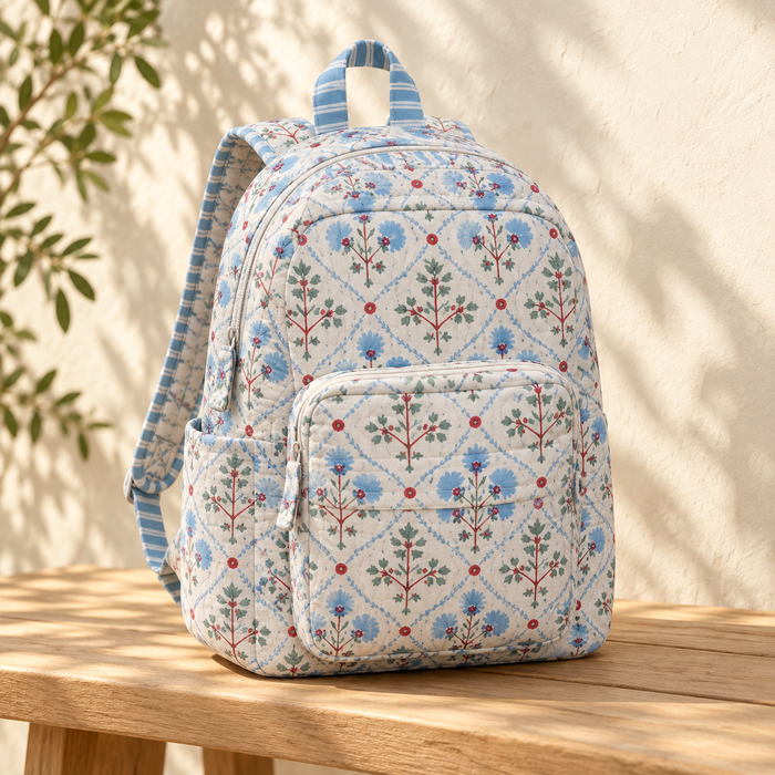 Blue Floral Print Kinder Multipurpose Kids Backpack – Quilted Cotton