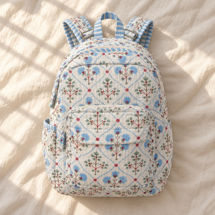 Blue Floral Print Kinder Multipurpose Kids Backpack – Quilted Cotton